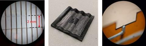 Silver ink prints showing unique abilities of (left) printing over a 2 mm gap, (middle) printing onto a wavy surface, and (right) ‘swinging-around’ from the frontside to the backside of a substrate.